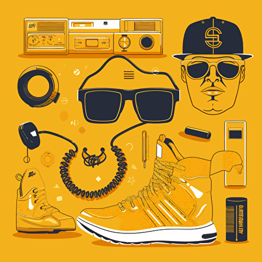 Gold rope chains, gazelle glasses, a boombox radio, LL's Kangol, graffiti, shell toe Adidas, Comic vector illustration style, flat design, minimalist logo, minimalist icon, flat icon, adobe illustrator, Simple