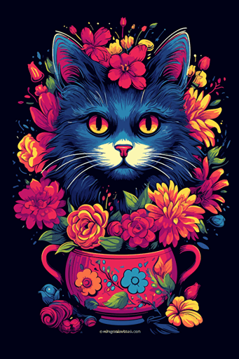 colorful svg vector drawing, a beautiful cat lies near a vase full of flowers