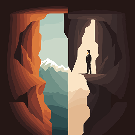 2d vector illustration, one businessman is on the top left of a gap between two mountain cliffs. Simple, bright. 1600x1200px