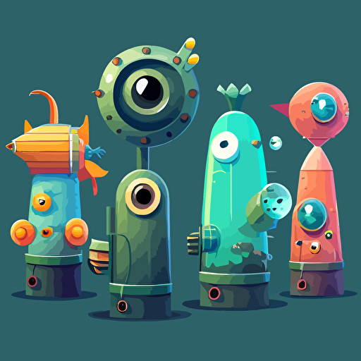 5 cartoony aquatic bazookas lined up, vector, theme is aquatic, cartoony, 2D, concept art, Pet Simulator X
