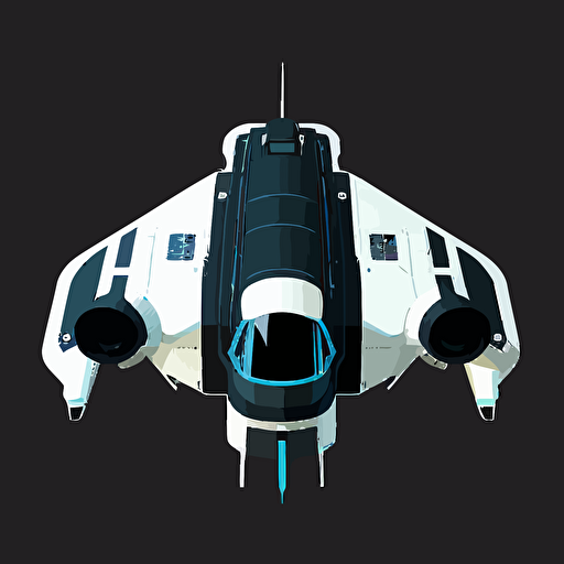Blue and white space ship on black background, top-down view, clean, simple, no shadows, vector