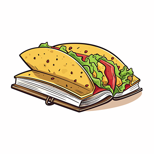 tacos 🌮 using book 📖 as shell , 2d, drawing by Todd Mcfarlen, clip art, vector, simple, transparent background