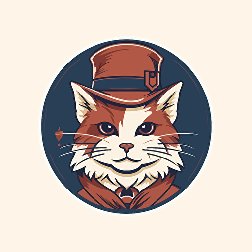 logo design, flat 2d vector logo of a cat wearinf a fez, muted brown and red colors, 80s, doctor who-inspired, white background