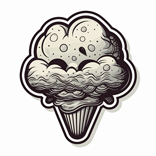 a cartoon style sticker, in black and white, showing an ice cream inside a heart, vector,