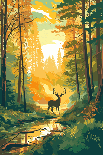 vector-art , grphic style, illustration, sunny woods , clearing , deer