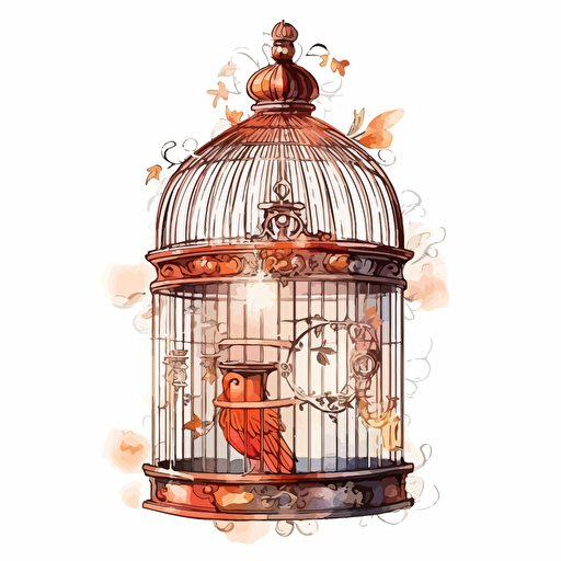 retro copper birdcage, detailed, cartoon style, 2d watercolor clipart vector, creative and imaginative, hd, white background