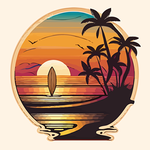 create a wooden vector-style surfboard stuck in the sand of a beach next to palm trees and waves of water in a circle on white background simple and vector style very colorful with sunset