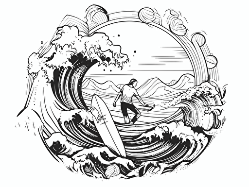 draw style, surf universe, linear style, minimalist, black and white, professional design art vector, contour, white background