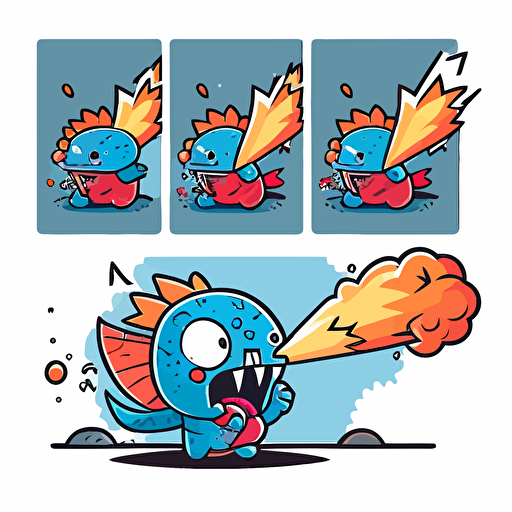 draw a 2D vector, cartoon, cute, happy scene about flying dragon throwing fire from its mouth, a simple drawing, in color but bordered with a black line, flat drawing and without details on a white background.