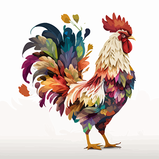 rooster made of flowers, Sticker, Ecstatic, Secondary Color, Photorealism, Contour, Vector, White Background, Detailed