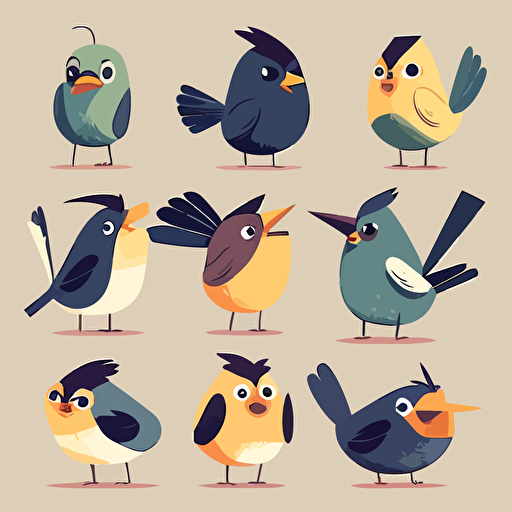 expressive cartoon bird poses, vector, minimal, flat, contemporary, simple