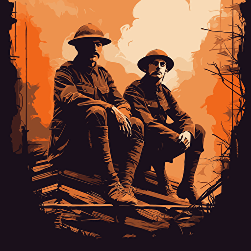 two sad soldiers world war I , in the trenches with helmets, 16:9 format, illustration vectorial style, limited color palette