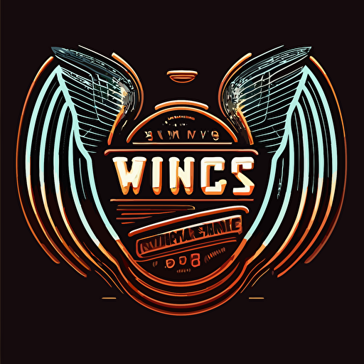 a logo for a retro-futuristic sports bar called "Wings" which must have the text "wings". It should be retrograde vector image with blade runner themes.
