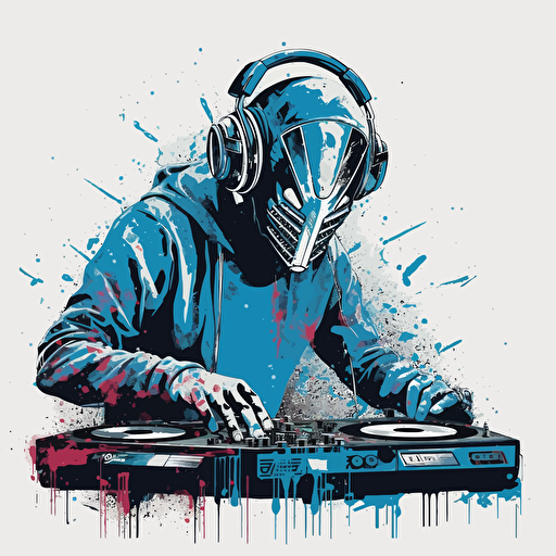 scratch dj with neon mask, 2 technics 1210 turntables and a battle mixer, frank miller stencil, design, 2d, vector, white wall