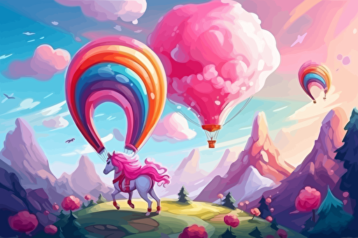 cartoon, anime, vector, Générez une image d'une licorne rose volant dans le ciel, dans un monde imaginaire rempli de bonbons et de couleurs vives. Le paysage doit être un arc-en-ciel coloré et rempli de nuages ​​moelleux. Ajoutez des détails supplémentaires comme des rayures sur la queue de la licorne, des motifs de bonbons sur le paysage.