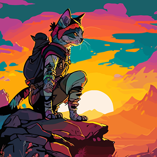 aloy as a cat on top of a mountain with sunset, comic style, vector art, bright color
