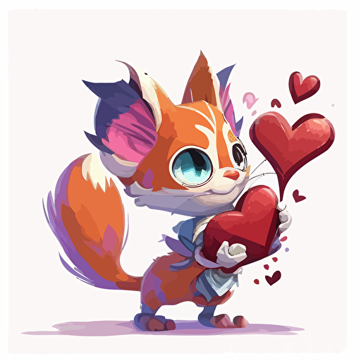 Disney Style 2d vector illustration of adorable, valentine cat holding heart white background