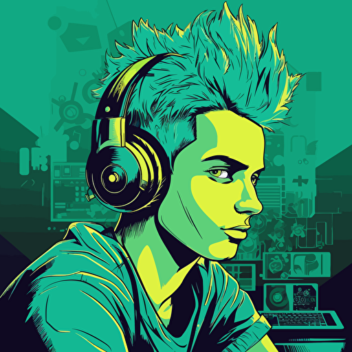 vector illustration of young man with computer head and green green hair, in vivid colors