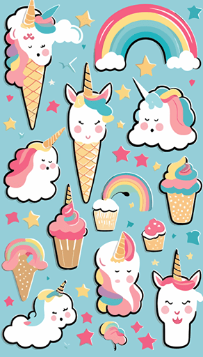 Vector style pattern with friendly and colorful unicorns, flamingos, cup cakes and rainbows, clear vector faces
