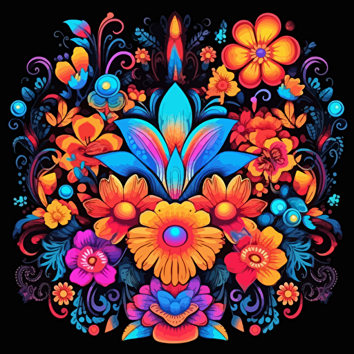 dozens of flowers, surrounded by elegant colorful motifs, 2d vector, neon colours, epic composition, vector design on the edges of the image