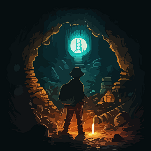 Influenced by the idea of exploration, create a vector illustration of Satoshi Nakamoto discovering a hidden underground cave filled with ancient inscriptions about digital currencies. Set the scene in a mystical, mysterious environment.
