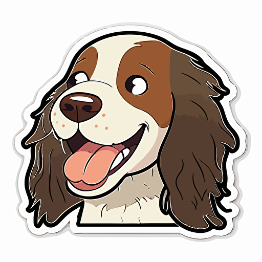 Cute, happy, smiling english springer spaniel dog head sticker logo, dog tongue out, chibi style, cartoon, clean, vector, 2d, white background, no accessories, without accessories, no text, without text