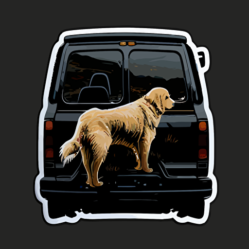 a sticker of a Jeep looked from behind that has a golden retriever on it in 2D vector style, black background