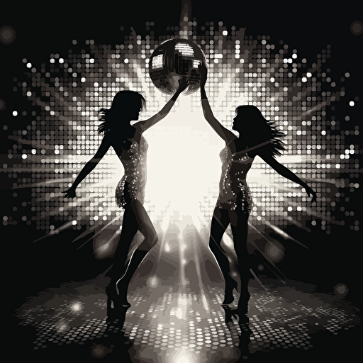 vector art, two gorgeous girls in black and silver bikinis dancing in a disco:: disco lights and mirror ball, Hed Kandi style, bokeh effect