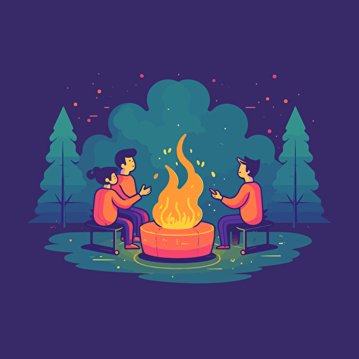 colorful comic illustration of bonfire over conversation, colorful vector, game ui design, simple colors, clean background, simple abstract illustration style, premium