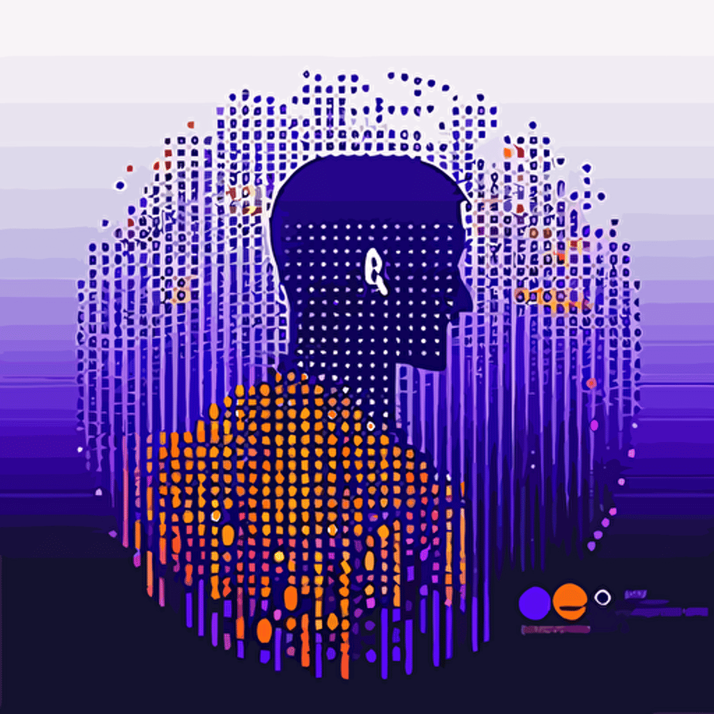 A modern and minimalist circle logo designed of a person side face, pixel art, matrix code, flat vector logo, blue purple orange gradient, simple minimal, style of japanese book cover