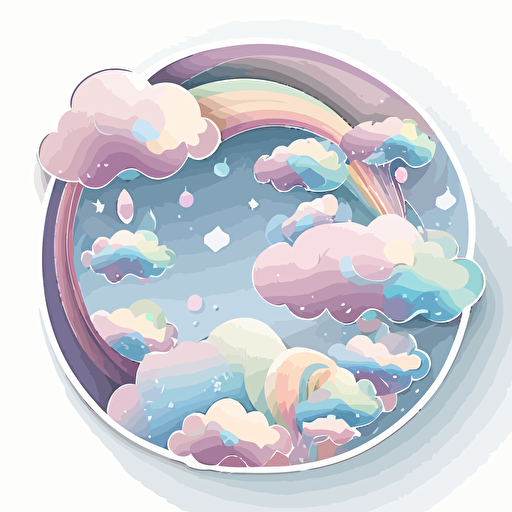 Vector sticker design, transparent background, shimmer pastel toning swirling clouds against blue sky background