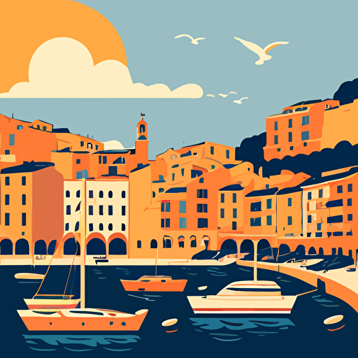 vector image of the Monaco harbour, using only orange and blue colours, simple cartoon style shading, very simple