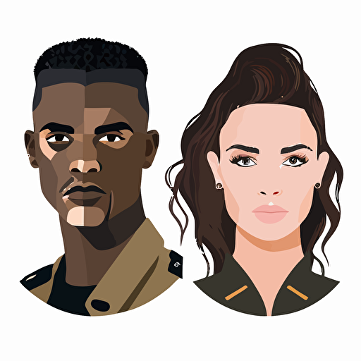 A vector image is to be used as an icon. Two people. One male African male with a short military-style haircut. And a white female with long brunette dark hair. They are facing each other.