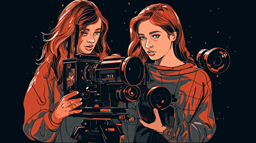 two girls making a film. Vector style over black