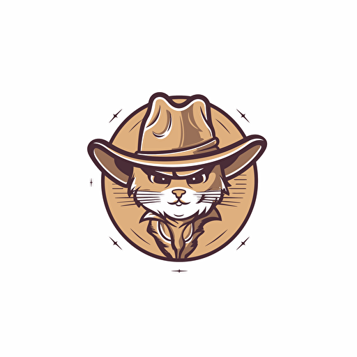 logo design, flat 2d vector logo of a cat in a cowboy hat, muted brown and gold, 80s, western-inspired