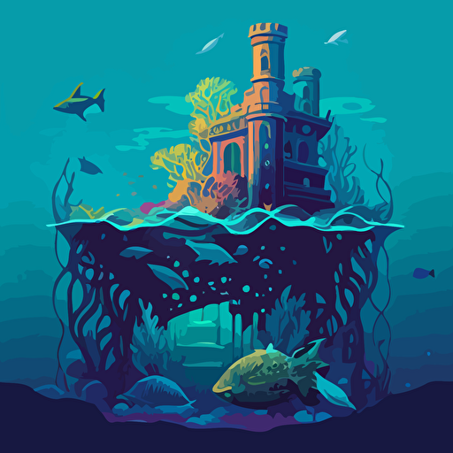 an underwater stronghold, huge ocean, vector style, colorful