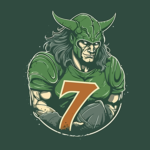 rugby team logo with green as primary color, illustration vector art, saracen warrior with scimitars in shape of the number 7