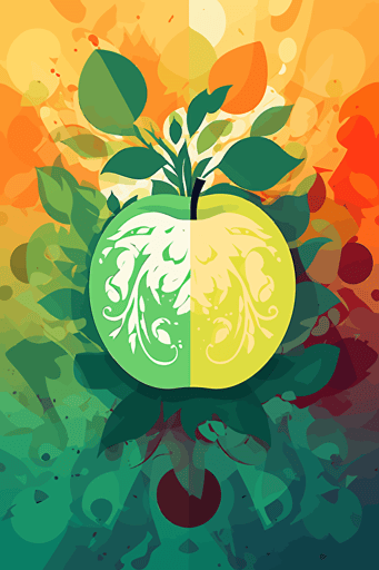 open apple illustration with square framed botanical ornaments simplified illustration with a shinning sun using the illustrator illustration styles, vectorized, moder pantone colorful pallet