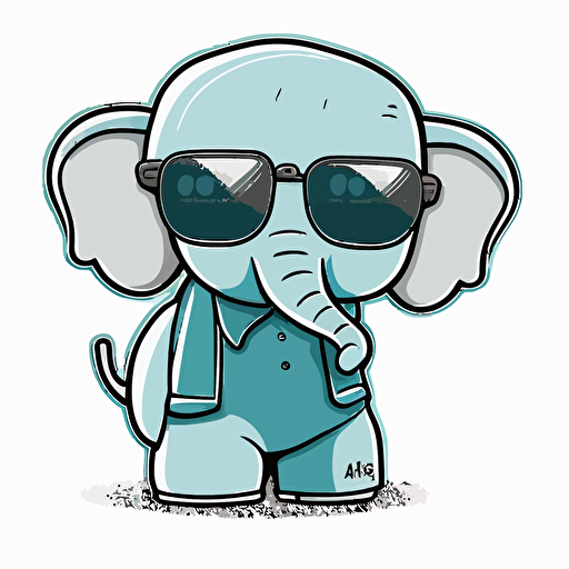 sticker, a Cute baby Elephant with sunglasses, kawaii, contour, vector, white background