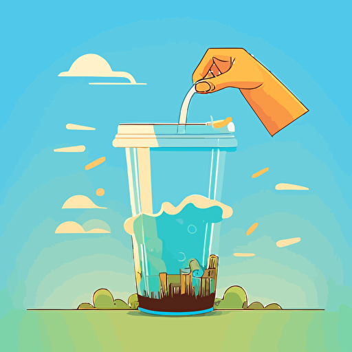 2d vector illustration, a hand dropping a translucent cup into a trash receptacle, the cup is floating in mid air towards the receptacle, no straw, grass, blue sky, wrist band, signage