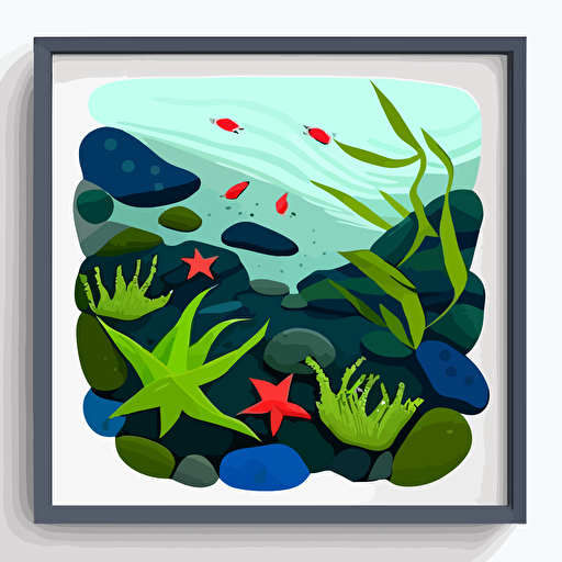 tidepool on the west coast, red sea stars, green kelp, blue rocks, minimalist design, fun vibe, vector, 2d, flat, 8 colors