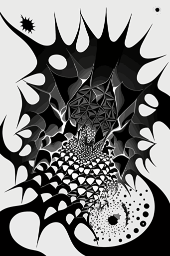 a lovecraftian cosmic horror abomination drawn as a confusing vector illustration, black on white, voronoi, parametric pattern, 20s pattern