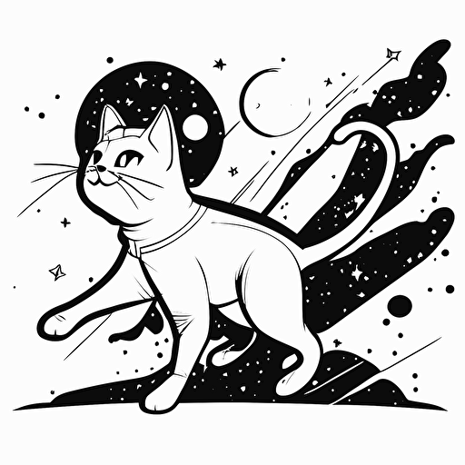 cat in space, pixar style, outline and simple shapes, black and white comic book flat vector coloring page, white background