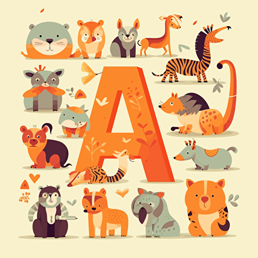 A Flat Vector Illustration of colorful alphabet clip art with animals, for educational purposes.::