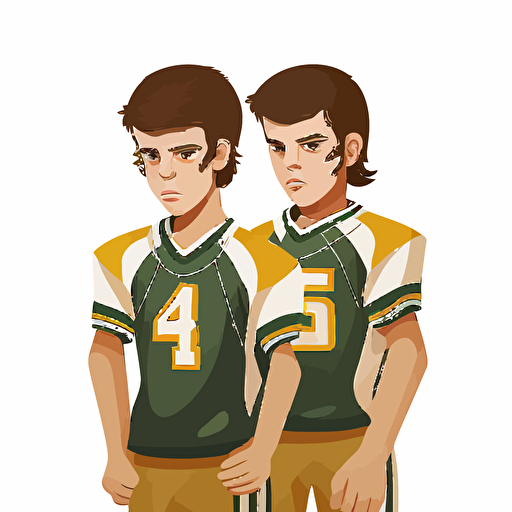 two brothers, looking tough,champions, wearing green and yellow, wearing an oblong brown football, sports logo style, white background, vector