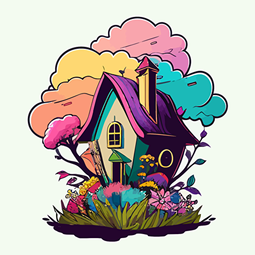 vector style, logo of a house. The top of the house is an attic bursting out from the building with a garden growing out of the top of the house. Cute cartoon, black outline colorful.