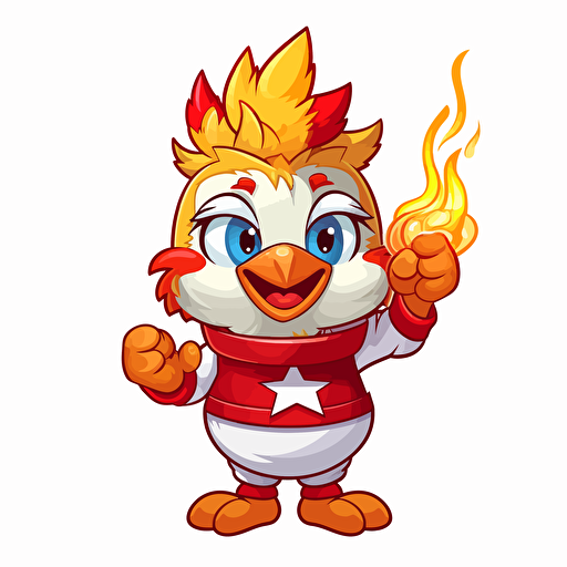 vector 2d sould food chicken mascot. wearing red and white clothing. holding a flaming pot of fried foods and vegetables