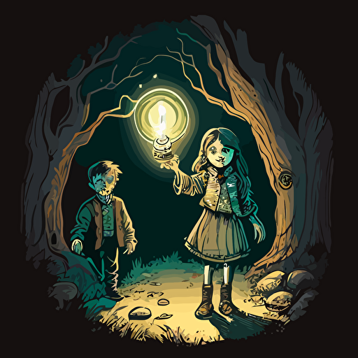 hand-drawn cartoon vector image like Thom Zahler, fantasy setting picture of 10 year old boy with a 10 year old girl in the woods at night and the girl is holding her hand out with glowing orb floating above her hand and their clothes should be like something from Lord of the Rings