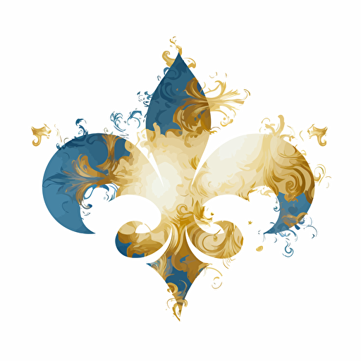 Blue and gold fleur de lys, gold world map inside fleur de lys, vectorized, illustrator, flat, 2d, white background