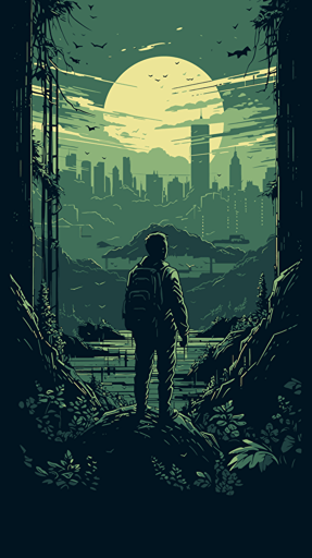 lone survivor looking at abandoned city from forest, slighly dark, vector illustration